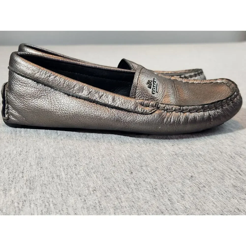 Coach Amber sz 5.5B matallic pewter pebbled leather driving loafer shoes comfort